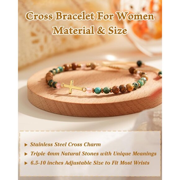 Christian Cross Bracelet for Women Natural Stone Steel Gift for Faith - Picture 5 of 6